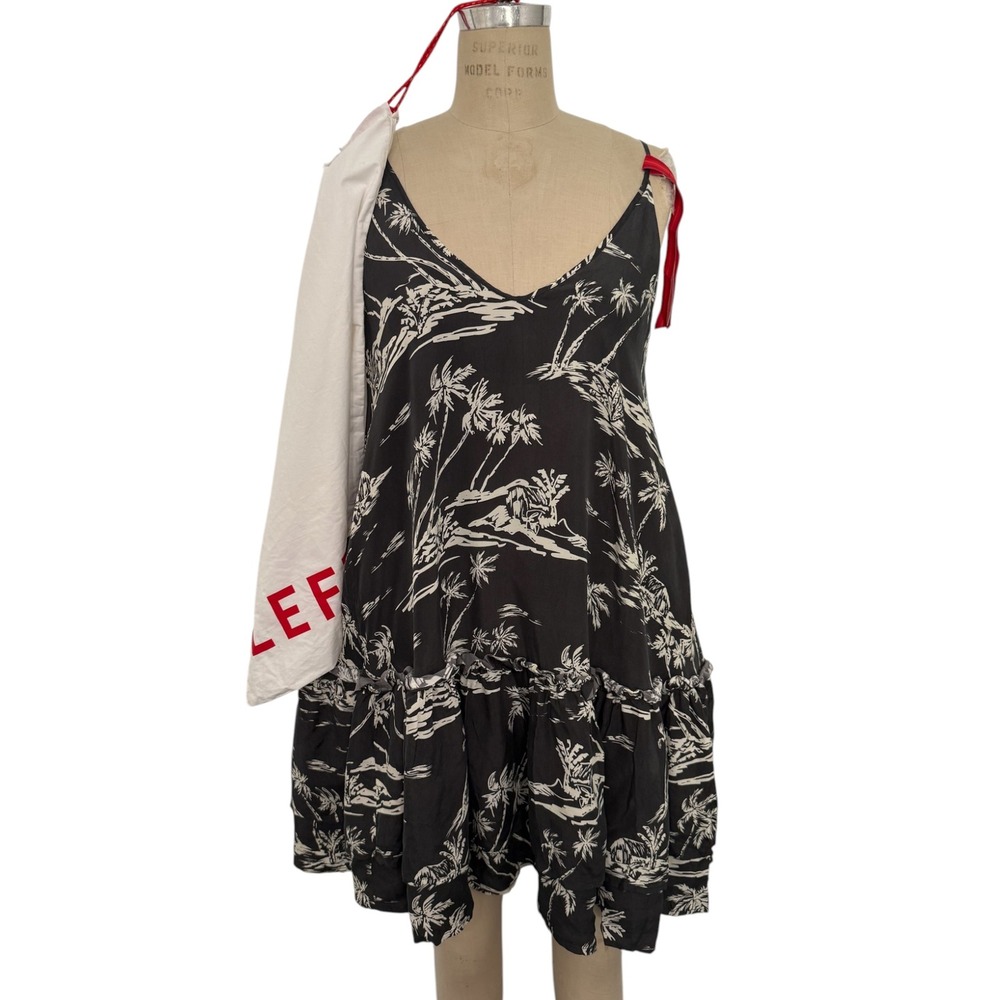 Left On Friday Dress Womens S/M Black Tropical Palm Japanese Cupro Ruffle Mini
